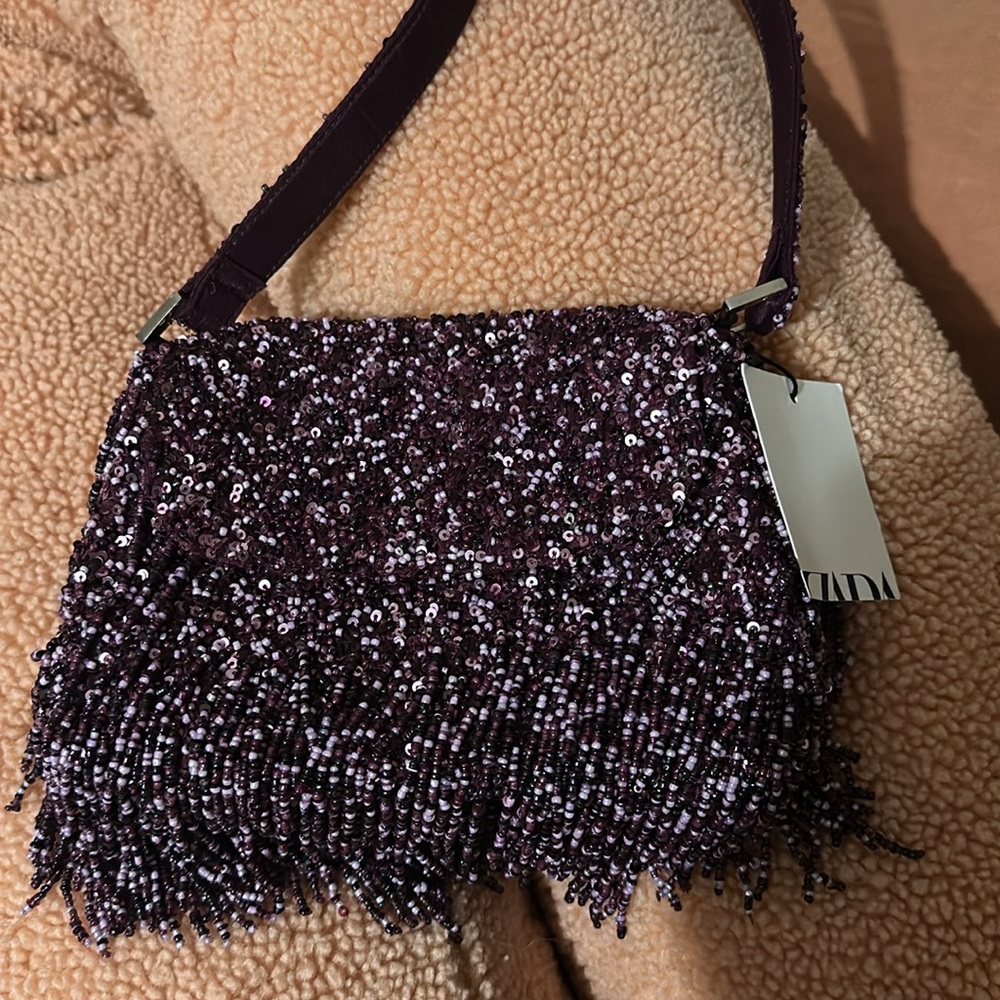 ZARA Beaded Bag Purple Fringe Tassel Shoulder Purse